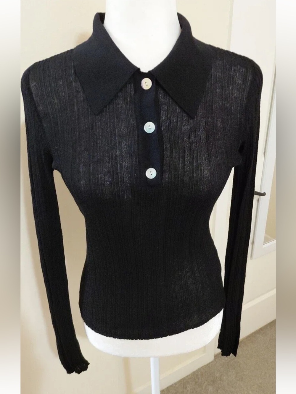 French Connection Black Ribbed Long-Sleeve Polo